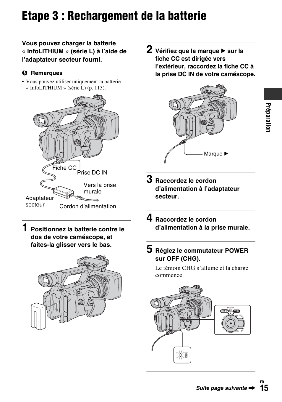 Etape 3 : rechargement de la batterie, P. 15), P. 15 | Sony HDR-FX1000E User Manual | Page 15 / 271
