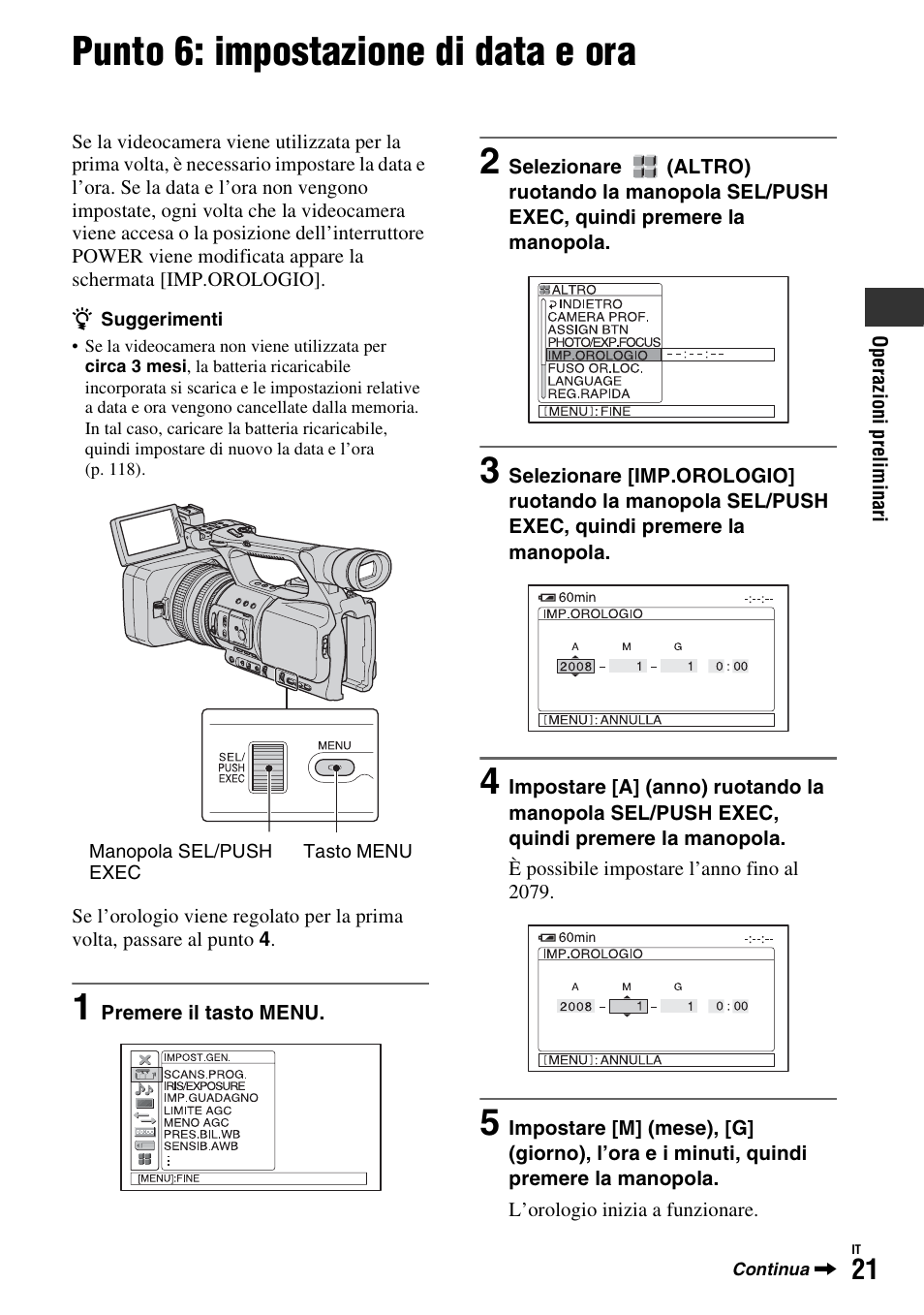 Punto 6: impostazione di data e ora, P. 21 | Sony HDR-FX1000E User Manual | Page 155 / 271