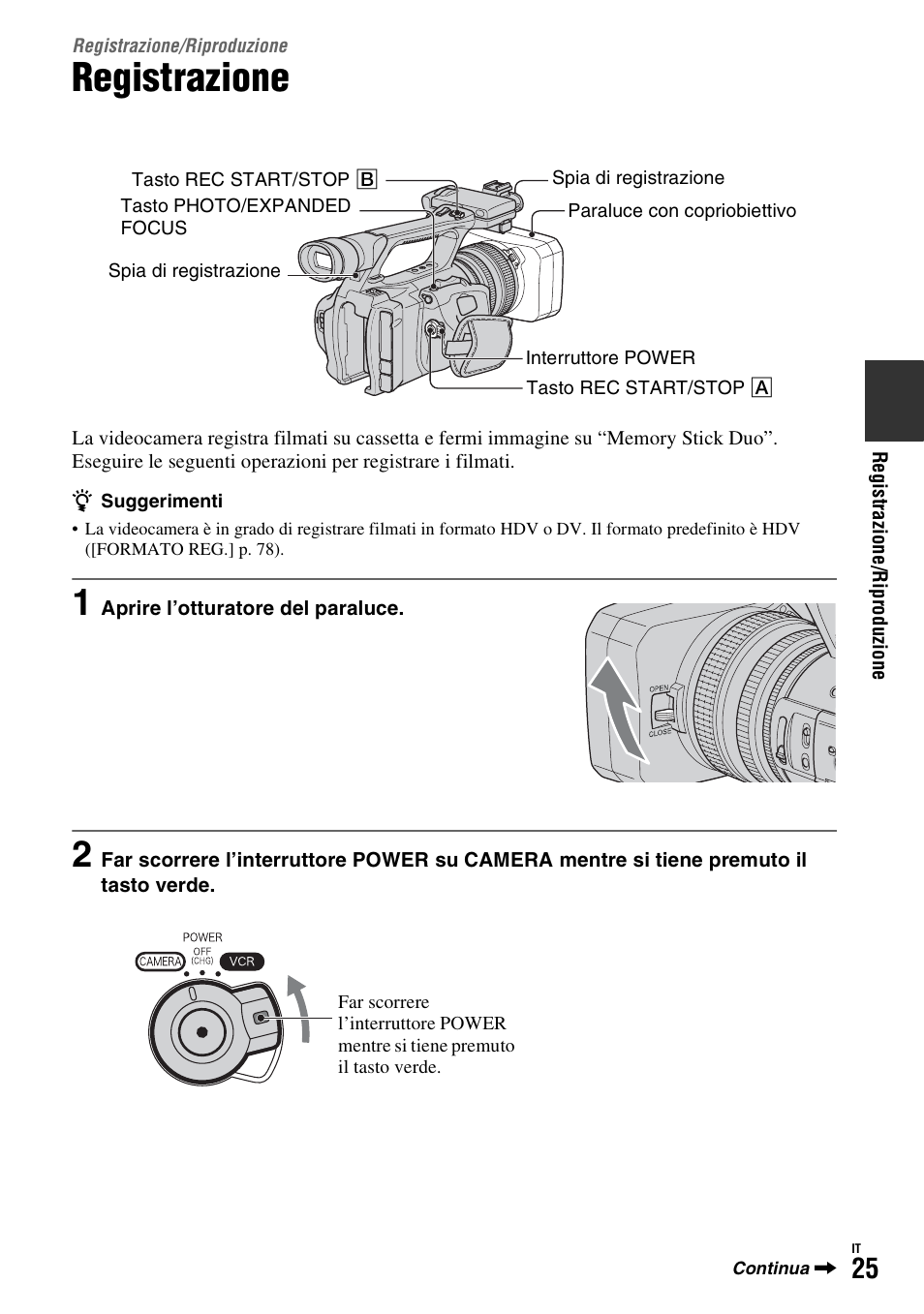 Registrazione/riproduzione, Registrazione | Sony HDR-FX1000E User Manual | Page 159 / 271
