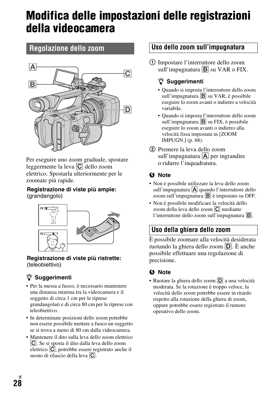 Regolazione dello zoom, Ab c d | Sony HDR-FX1000E User Manual | Page 162 / 271