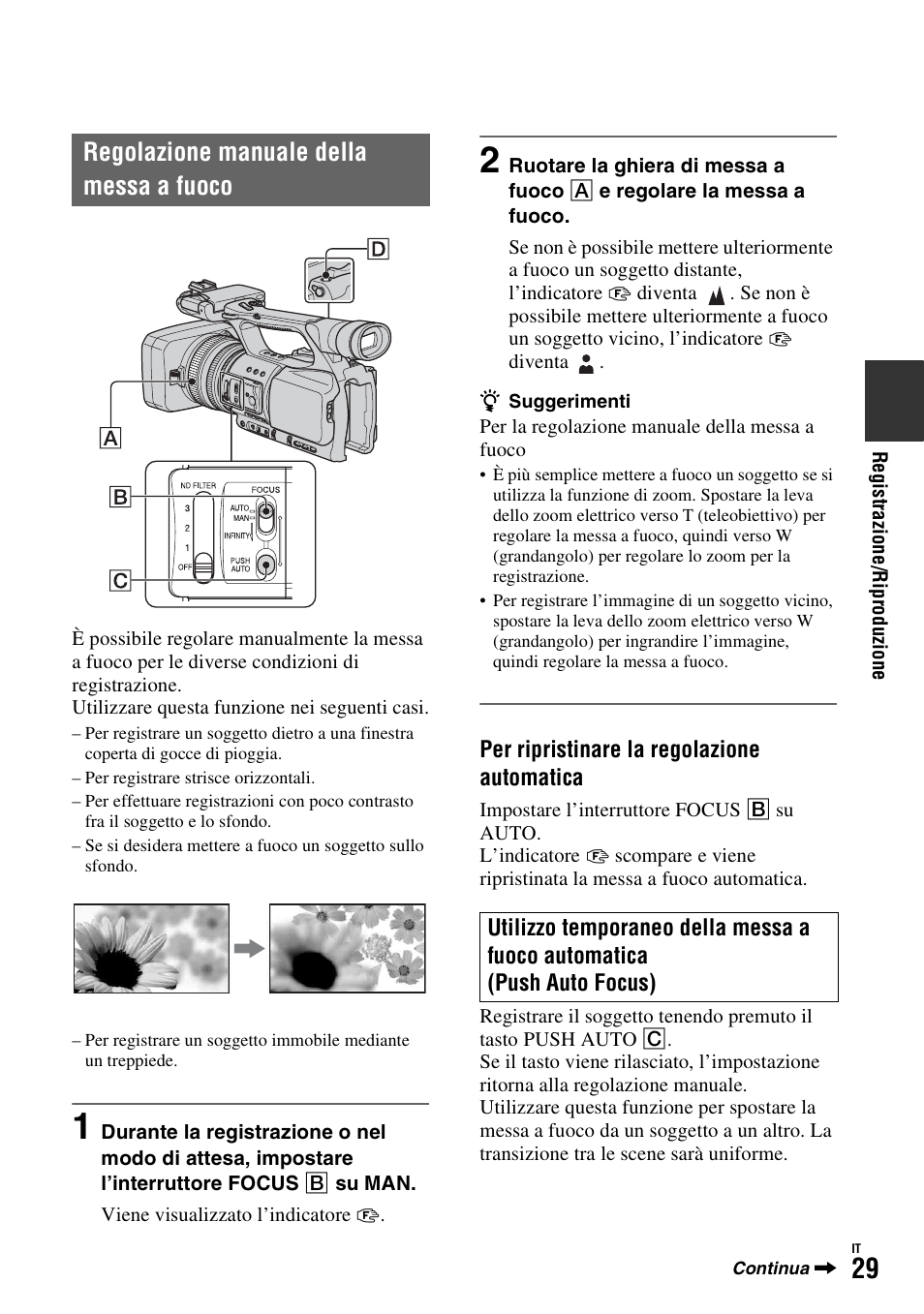 Regolazione manuale della messa a fuoco | Sony HDR-FX1000E User Manual | Page 163 / 271