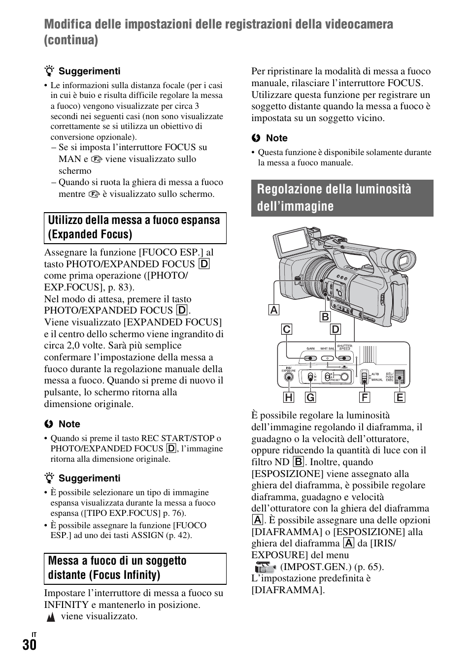 Regolazione della luminosità dell’immagine, P. 30) | Sony HDR-FX1000E User Manual | Page 164 / 271
