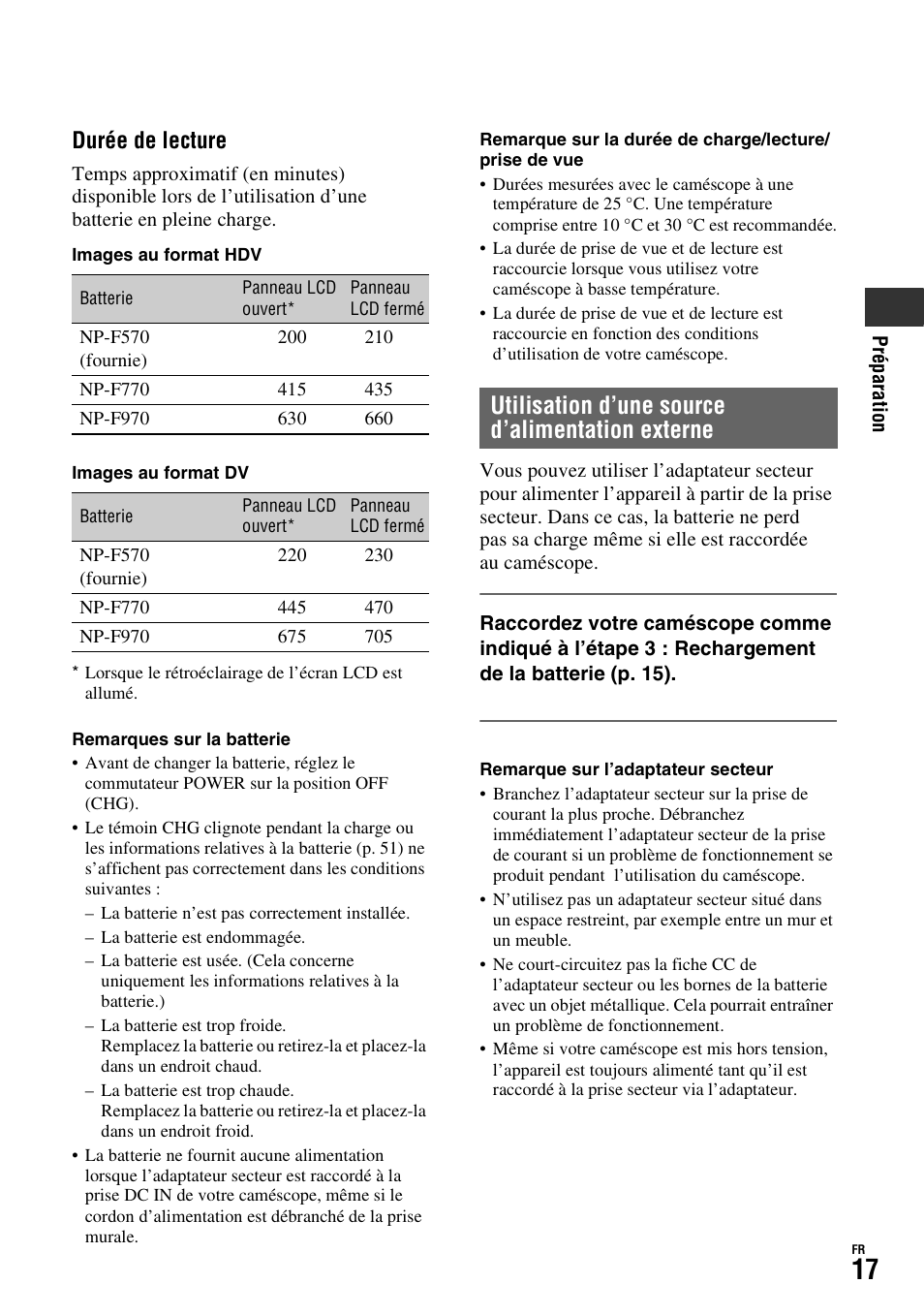 Utilisation d’une source d’alimentation externe, Durée de lecture | Sony HDR-FX1000E User Manual | Page 17 / 271