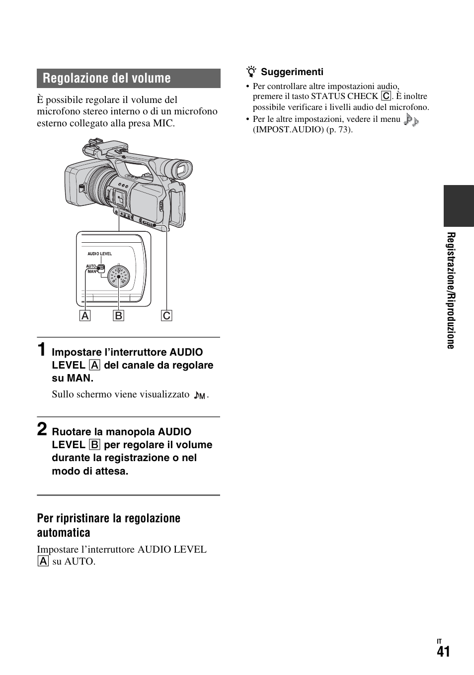 Regolazione del volume | Sony HDR-FX1000E User Manual | Page 175 / 271