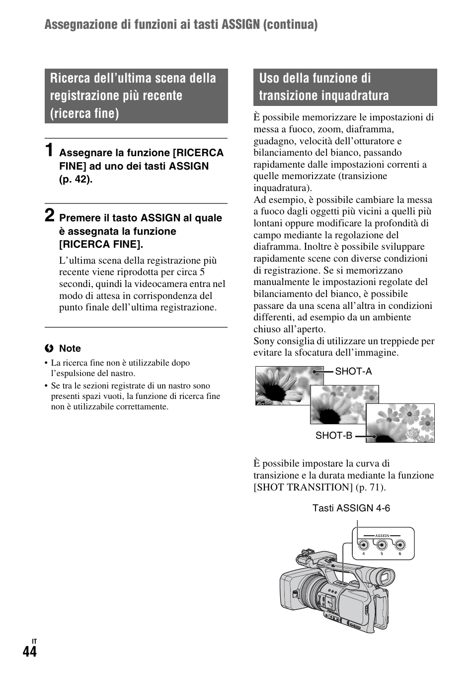 Uso della funzione di transizione inquadratura, P. 44), On (p. 44) | Sony HDR-FX1000E User Manual | Page 178 / 271