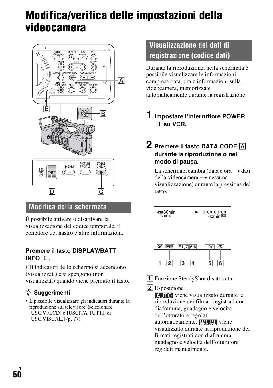 Modifica della schermata, One (p. 50), P. 50) | Sony HDR-FX1000E User Manual | Page 184 / 271