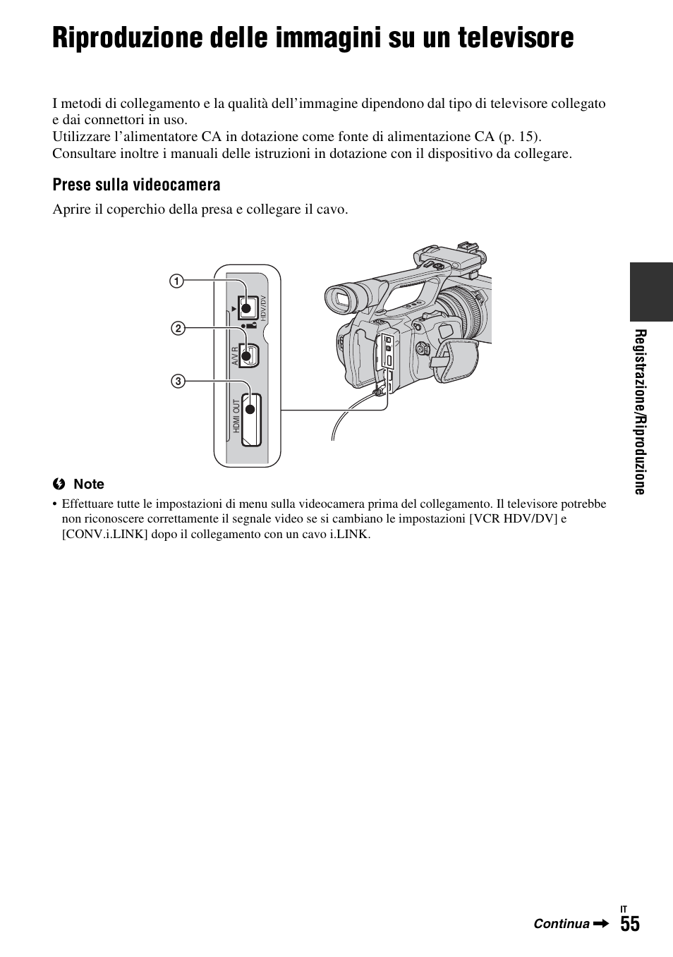 Riproduzione delle immagini su un televisore, P. 55), P. 55 | Sony HDR-FX1000E User Manual | Page 189 / 271