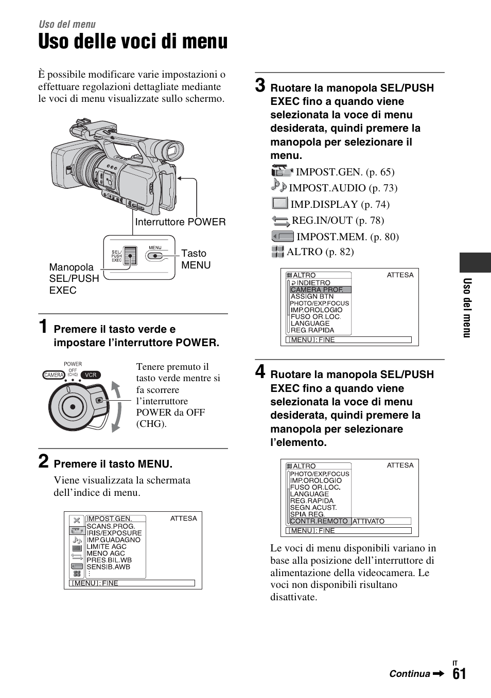 Uso del menu, Uso delle voci di menu | Sony HDR-FX1000E User Manual | Page 195 / 271