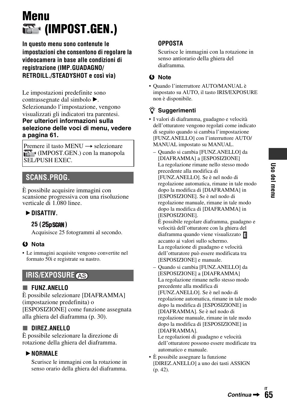 Menu (impost.gen.), Menu, Impost.gen.) | P. 65), Scans.prog. iris/exposure | Sony HDR-FX1000E User Manual | Page 199 / 271