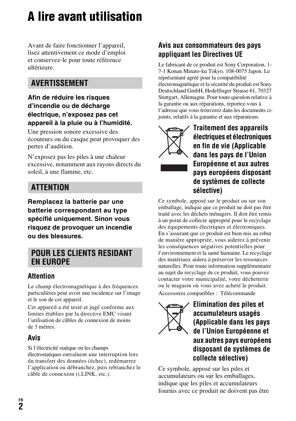 A lire avant utilisation | Sony HDR-FX1000E User Manual | Page 2 / 271