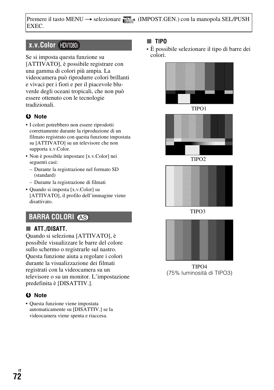 P. 72), X.v.color barra colori | Sony HDR-FX1000E User Manual | Page 206 / 271