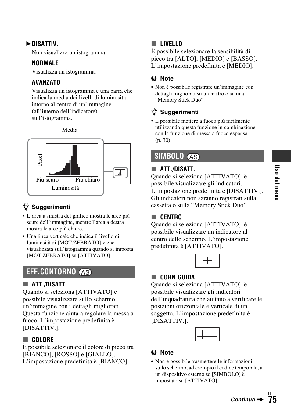P. 75), Orno (p. 75), Eff.contorno | Simbolo | Sony HDR-FX1000E User Manual | Page 209 / 271