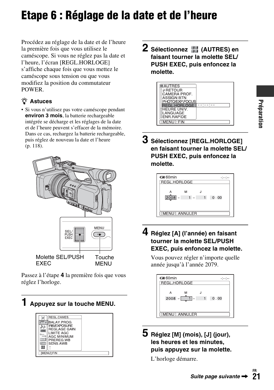 Etape 6 : réglage de la date et de l’heure, E (p. 21), P. 21 | Sony HDR-FX1000E User Manual | Page 21 / 271