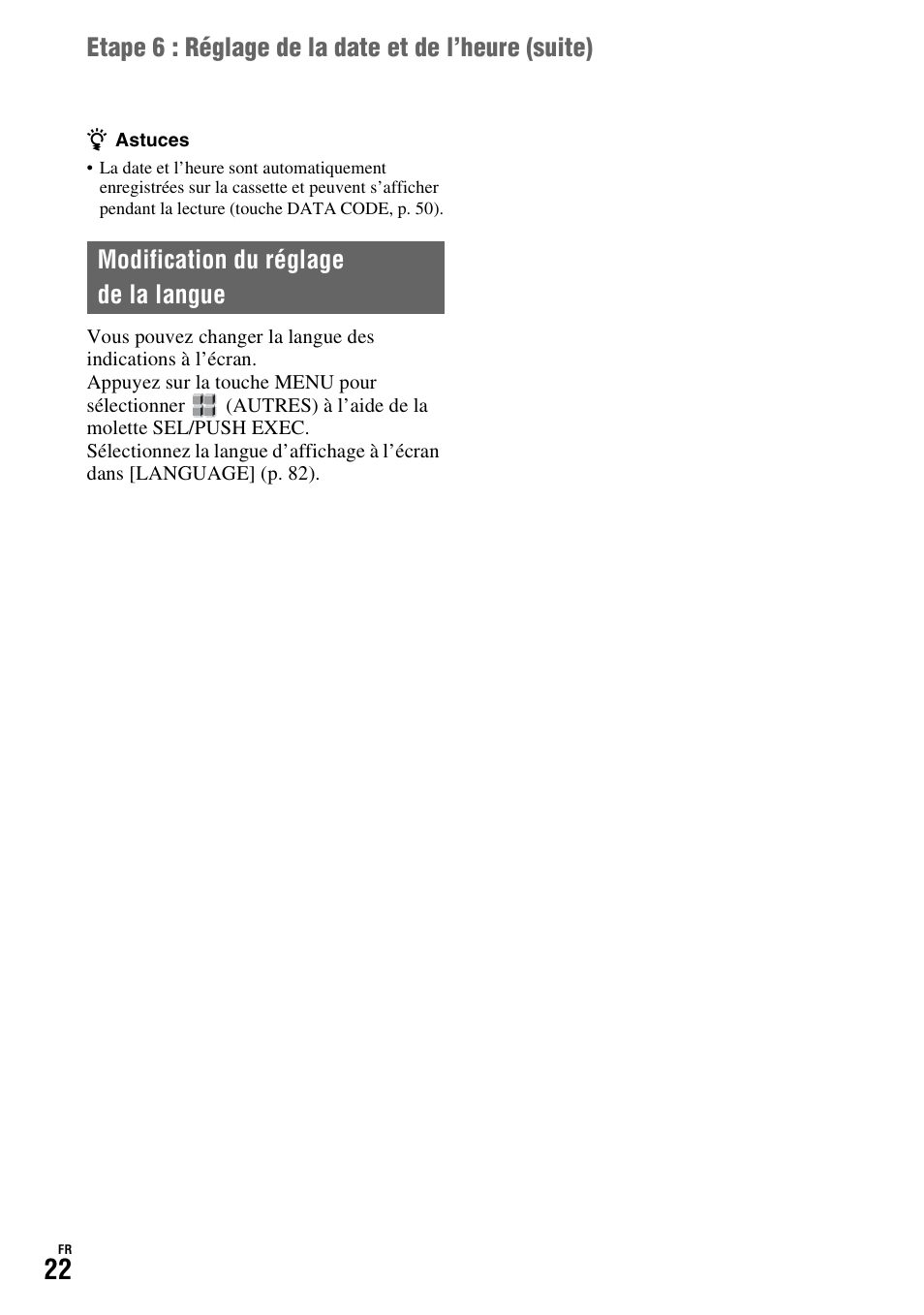 Modification du réglage de la langue | Sony HDR-FX1000E User Manual | Page 22 / 271