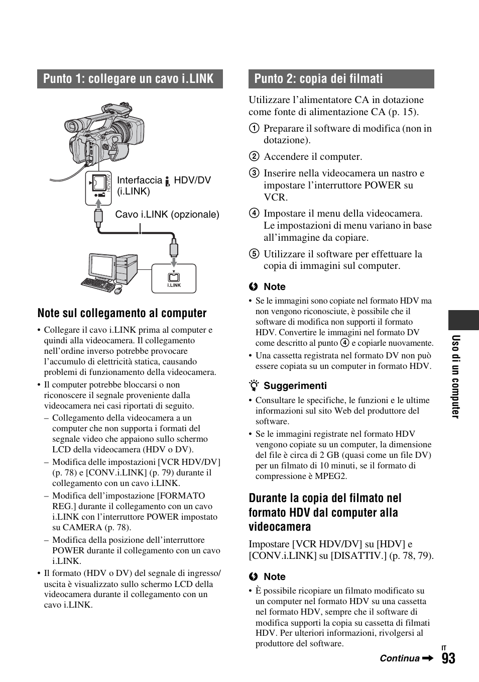 Punto 1: collegare un cavo i.link, Punto 2: copia dei filmati | Sony HDR-FX1000E User Manual | Page 227 / 271