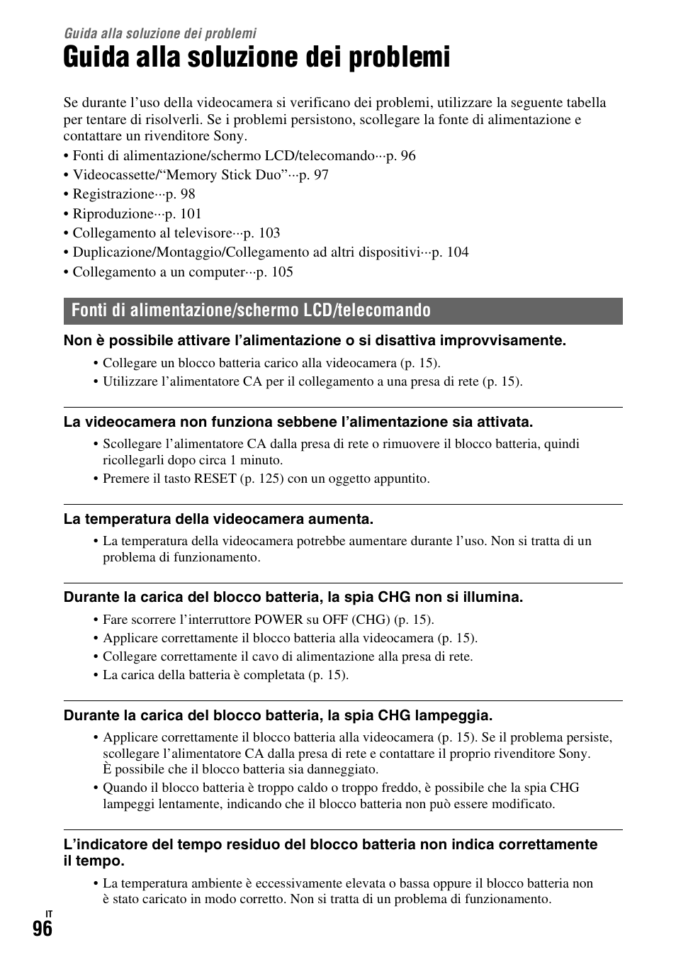 Guida alla soluzione dei problemi, Fonti di alimentazione/schermo lcd/telecomando | Sony HDR-FX1000E User Manual | Page 230 / 271