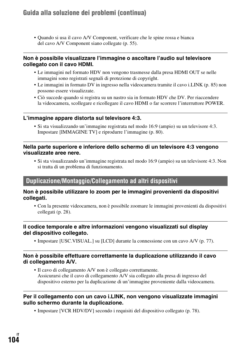 P. 104, Guida alla soluzione dei problemi (continua) | Sony HDR-FX1000E User Manual | Page 238 / 271