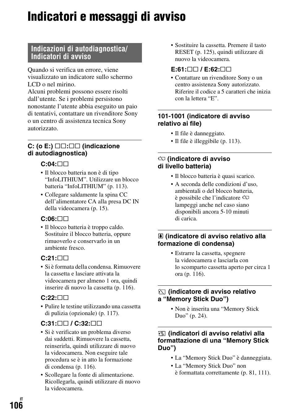 Indicatori e messaggi di avviso | Sony HDR-FX1000E User Manual | Page 240 / 271