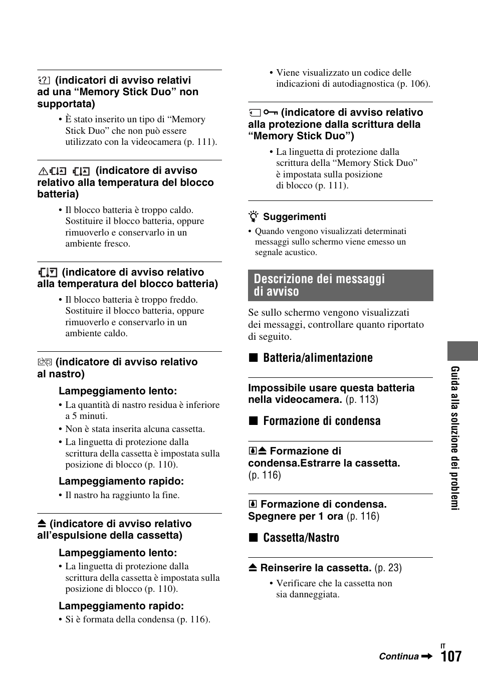 P. 107), Descrizione dei messaggi di avviso | Sony HDR-FX1000E User Manual | Page 241 / 271