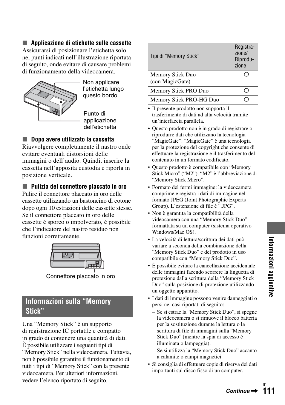 Informazioni sulla “memory stick, P. 111 per, P. 111) | Sony HDR-FX1000E User Manual | Page 245 / 271