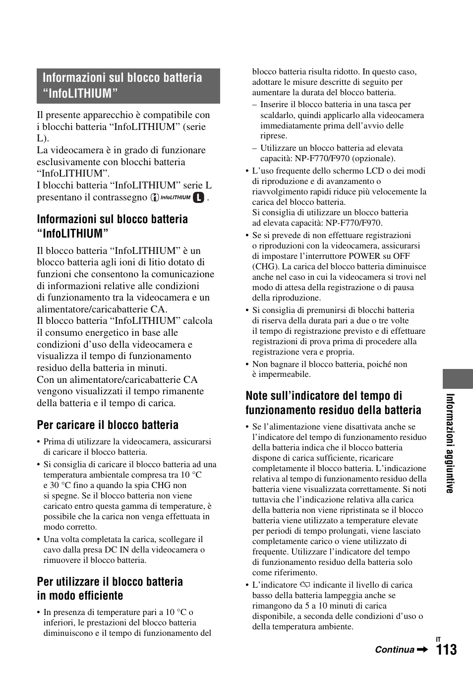 Informazioni sul blocco batteria “infolithium, O (p. 113), P. 113 | P. 113), Per caricare il blocco batteria | Sony HDR-FX1000E User Manual | Page 247 / 271