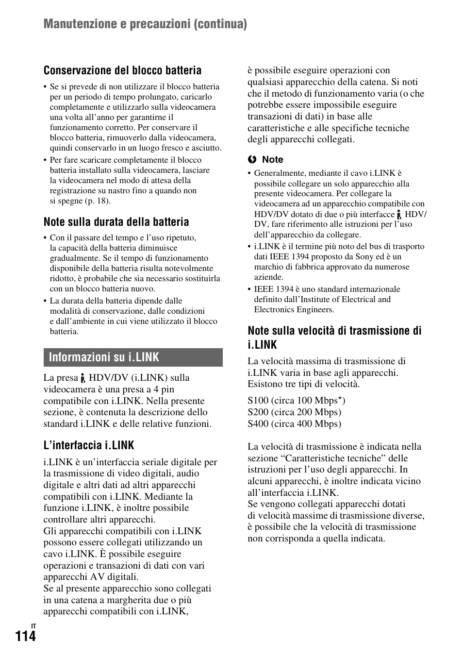 Informazioni su i.link, Manutenzione e precauzioni (continua) | Sony HDR-FX1000E User Manual | Page 248 / 271
