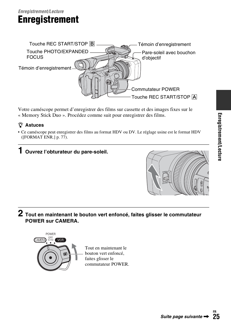 Enregistrement/lecture, Enregistrement | Sony HDR-FX1000E User Manual | Page 25 / 271