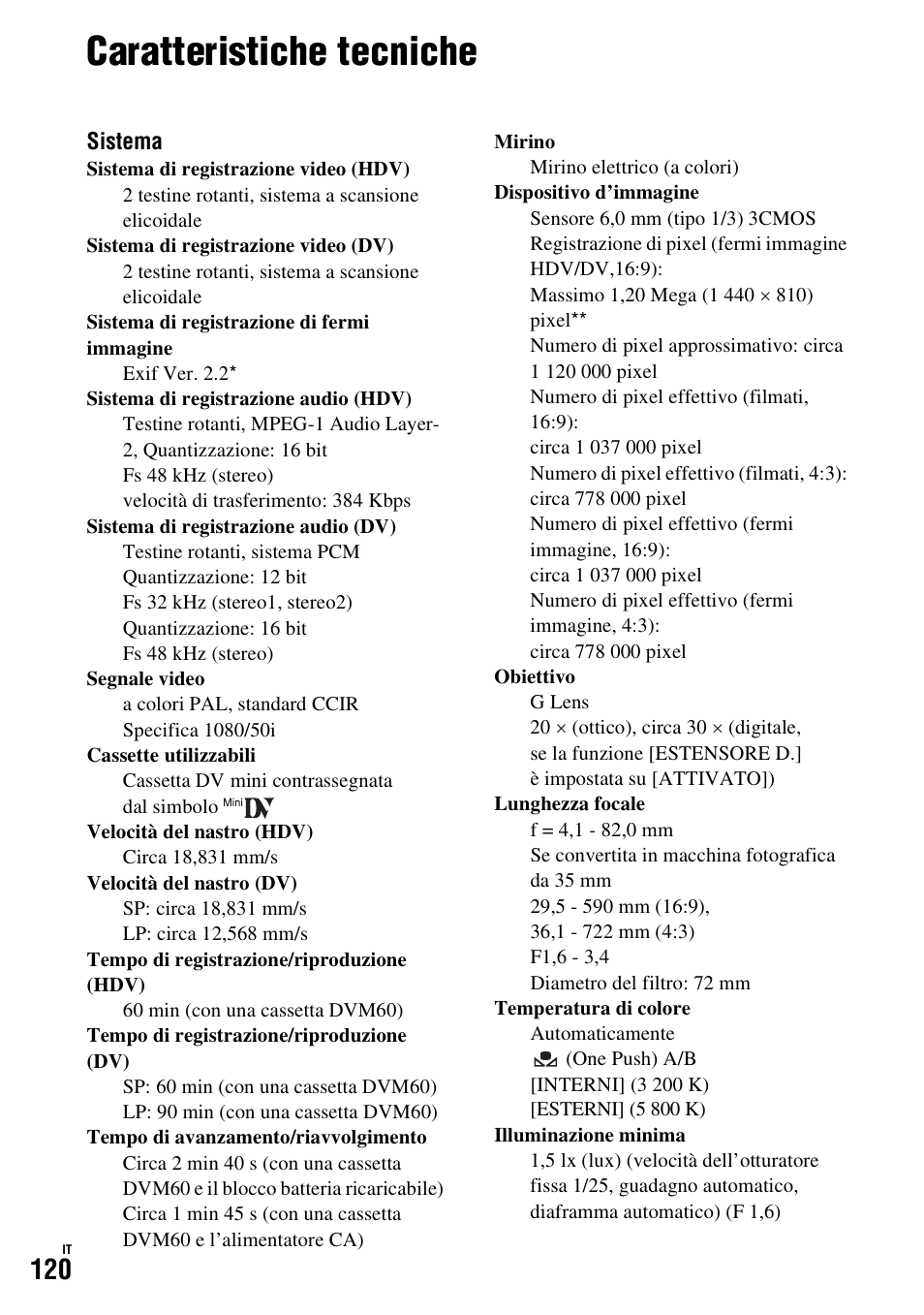Caratteristiche tecniche | Sony HDR-FX1000E User Manual | Page 254 / 271