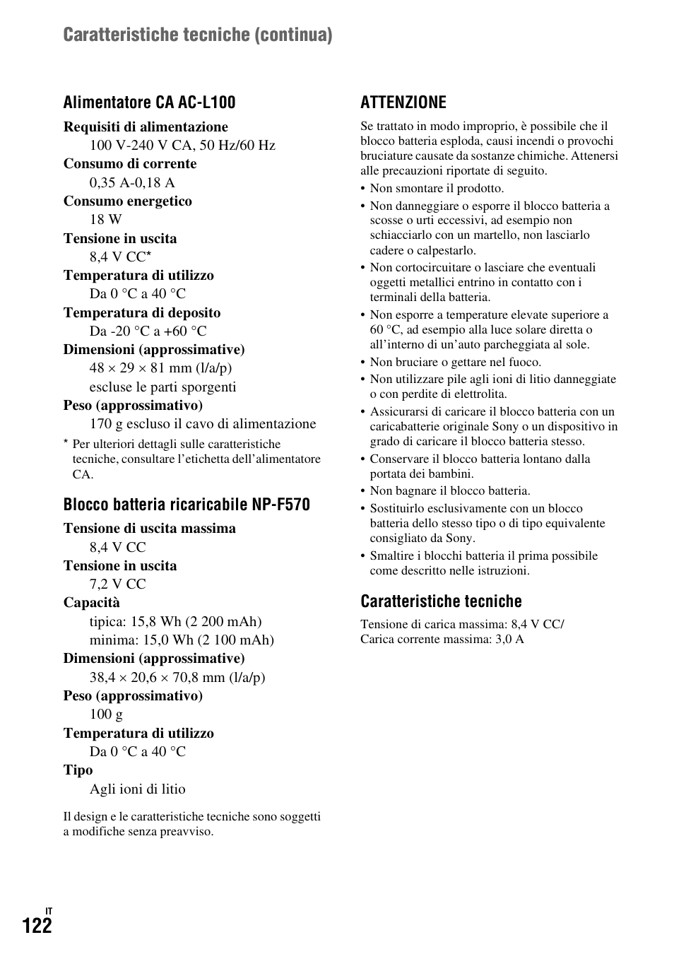 Caratteristiche tecniche (continua) | Sony HDR-FX1000E User Manual | Page 256 / 271