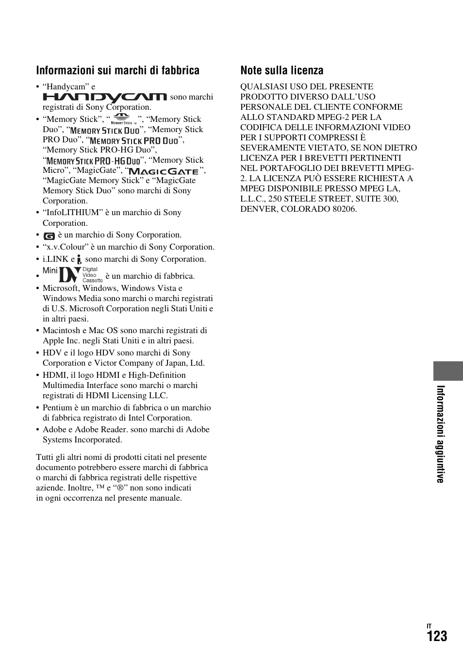 Informazioni sui marchi di fabbrica | Sony HDR-FX1000E User Manual | Page 257 / 271