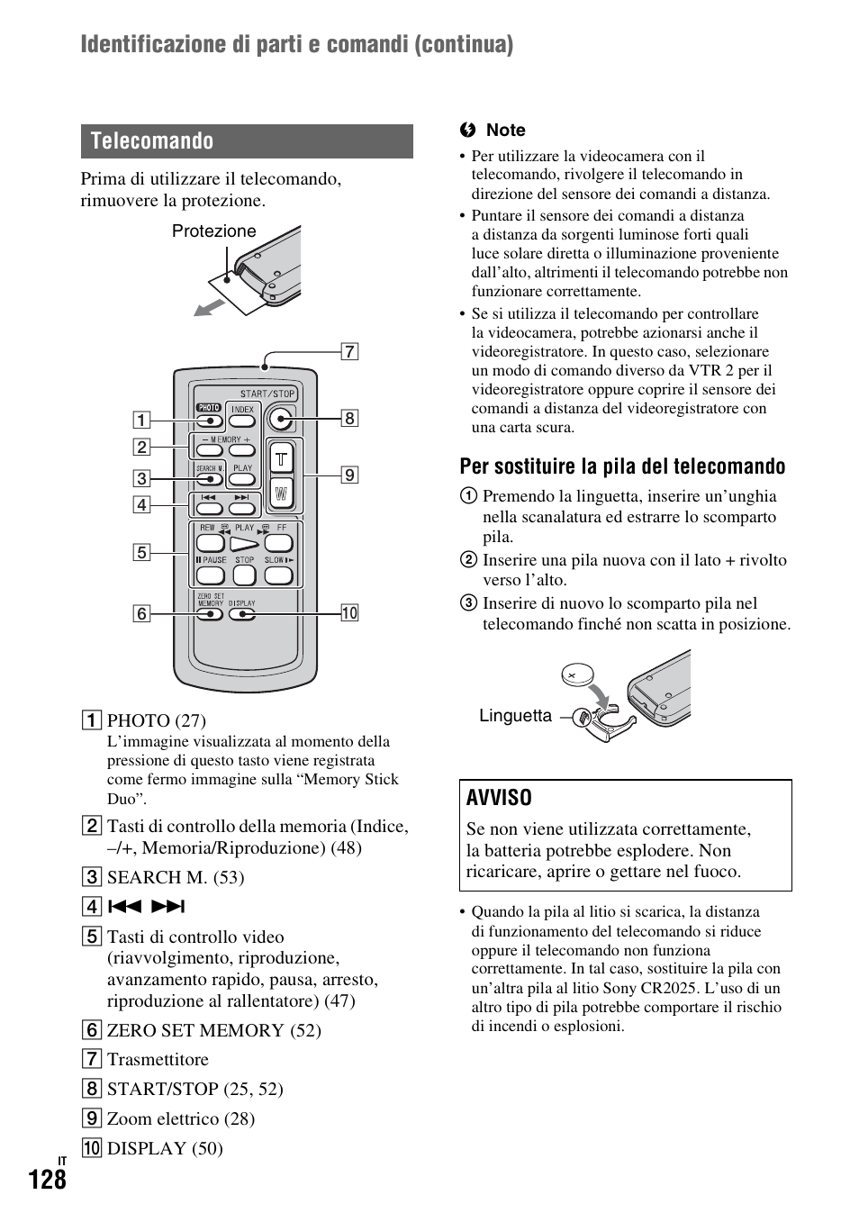 P. 128), Identificazione di parti e comandi (continua), Telecomando | Per sostituire la pila del telecomando, Avviso | Sony HDR-FX1000E User Manual | Page 262 / 271