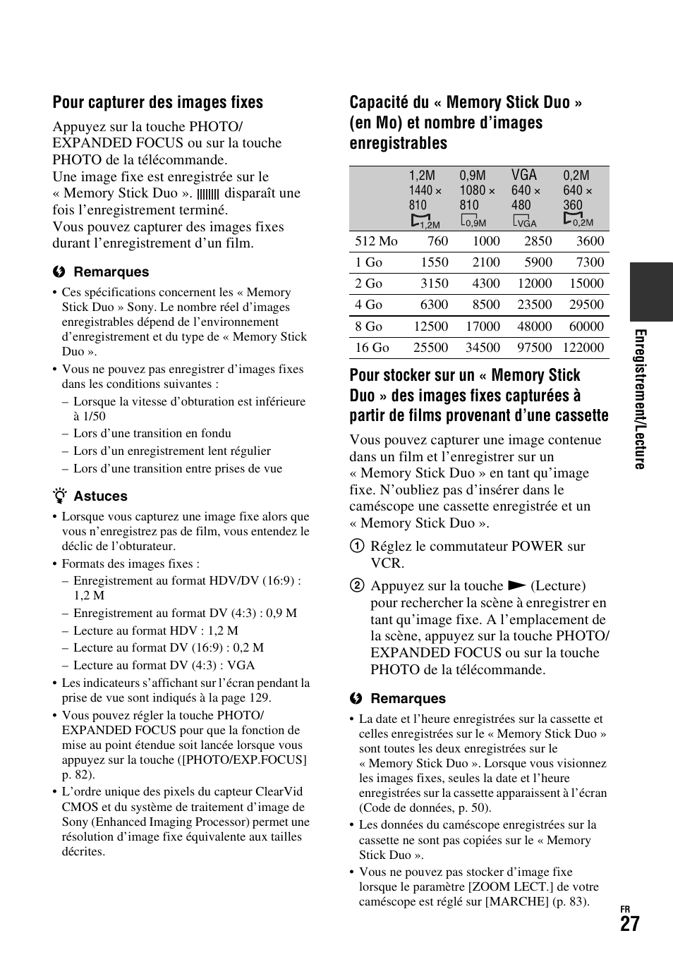 P. 27), Pour capturer des images fixes | Sony HDR-FX1000E User Manual | Page 27 / 271