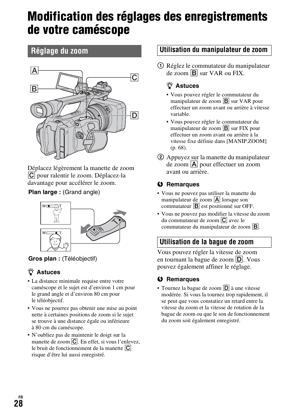 Réglage du zoom, Ab c d | Sony HDR-FX1000E User Manual | Page 28 / 271