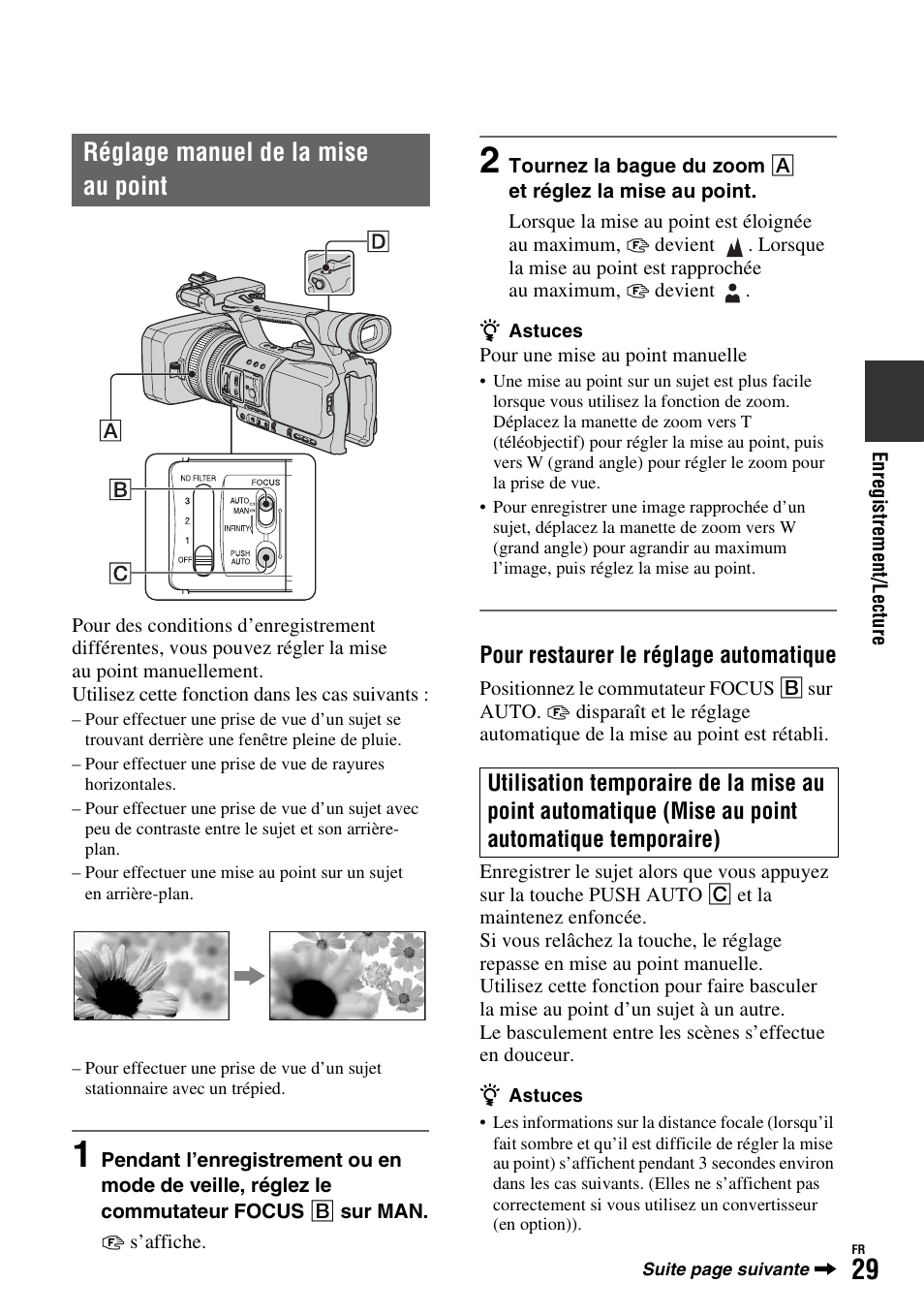 Réglage manuel de la mise au point | Sony HDR-FX1000E User Manual | Page 29 / 271