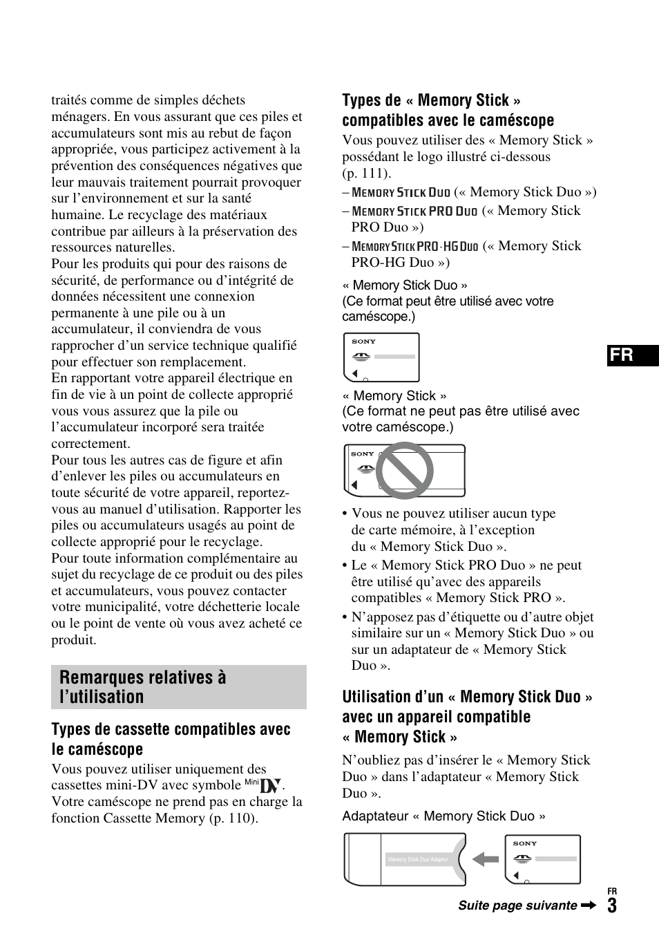 Remarques relatives à l’utilisation | Sony HDR-FX1000E User Manual | Page 3 / 271