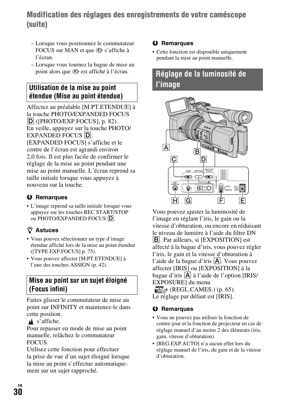 Réglage de la luminosité de l’image, P. 30) | Sony HDR-FX1000E User Manual | Page 30 / 271