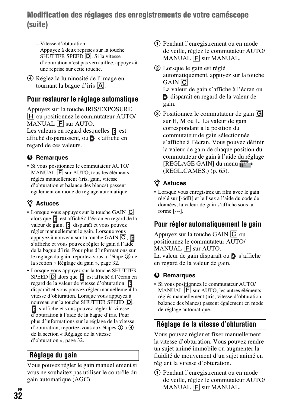 Pour restaurer le réglage automatique, Pour régler automatiquement le gain, Réglage du gain réglage de la vitesse d’obturation | Sony HDR-FX1000E User Manual | Page 32 / 271