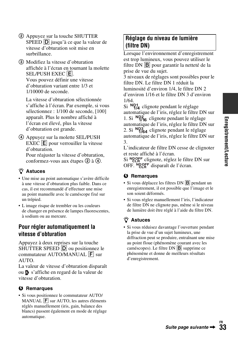 Réglage du niveau de lumière (filtre dn) | Sony HDR-FX1000E User Manual | Page 33 / 271