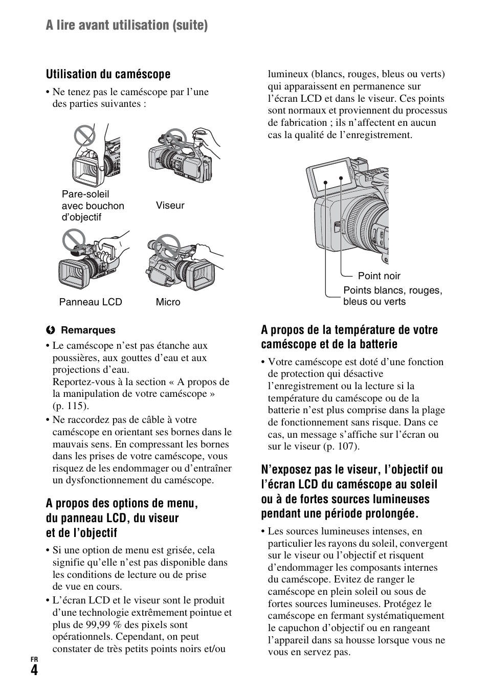 A lire avant utilisation (suite) | Sony HDR-FX1000E User Manual | Page 4 / 271