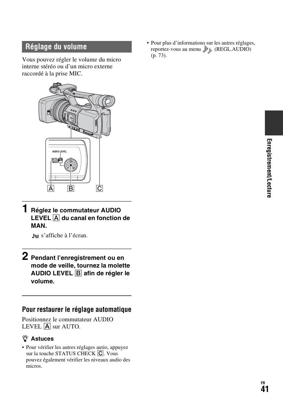 Réglage du volume | Sony HDR-FX1000E User Manual | Page 41 / 271