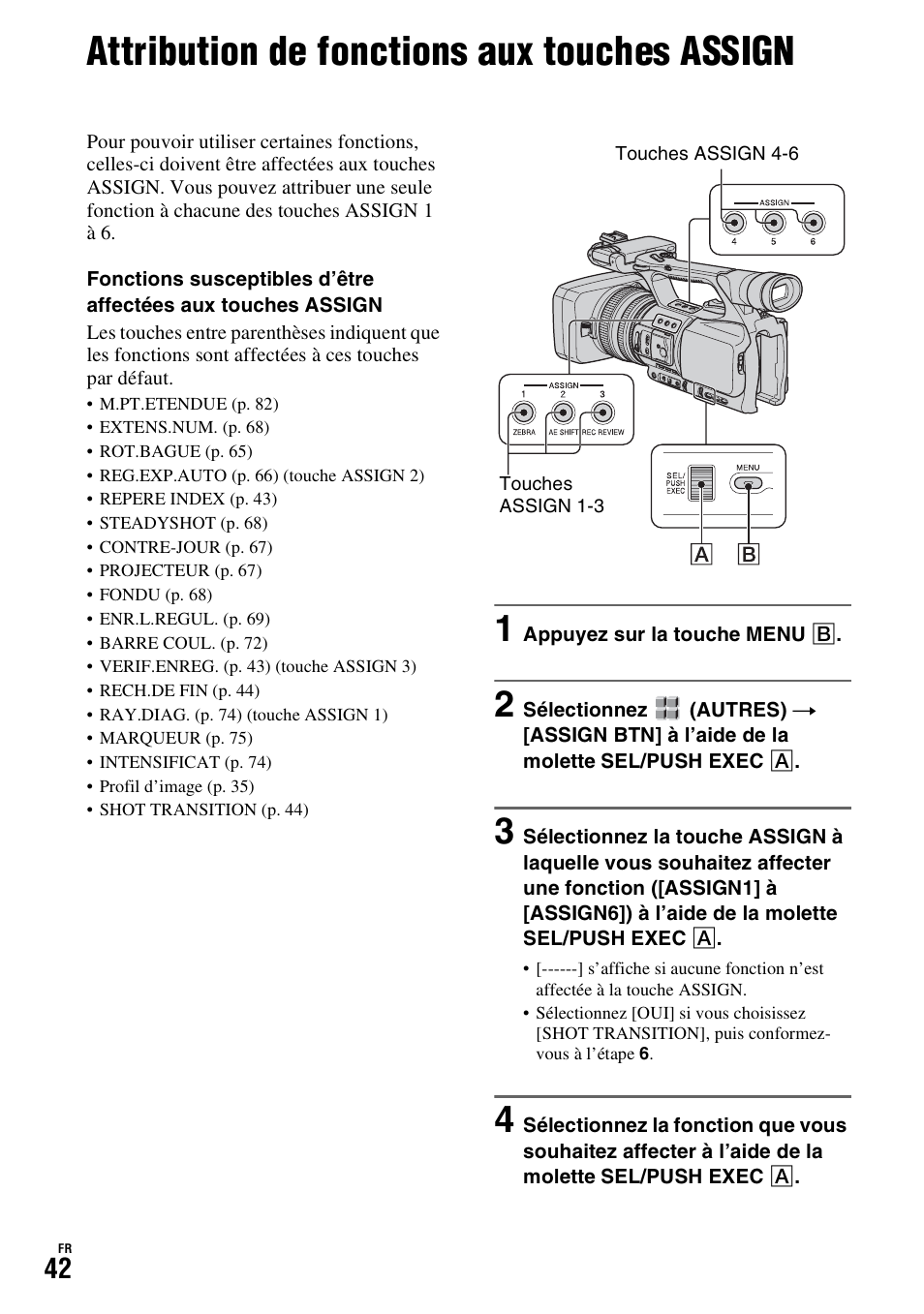 Attribution de fonctions aux touches assign, Gn (p. 42) | Sony HDR-FX1000E User Manual | Page 42 / 271