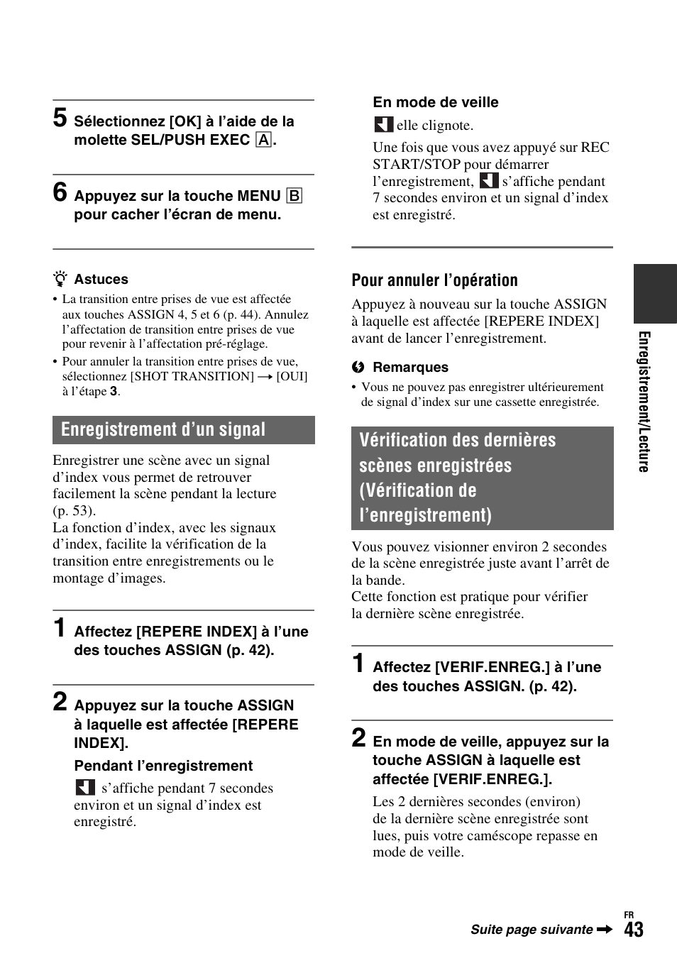 Enregistrement d’un signal, X (p. 43), P. 43) | Sony HDR-FX1000E User Manual | Page 43 / 271