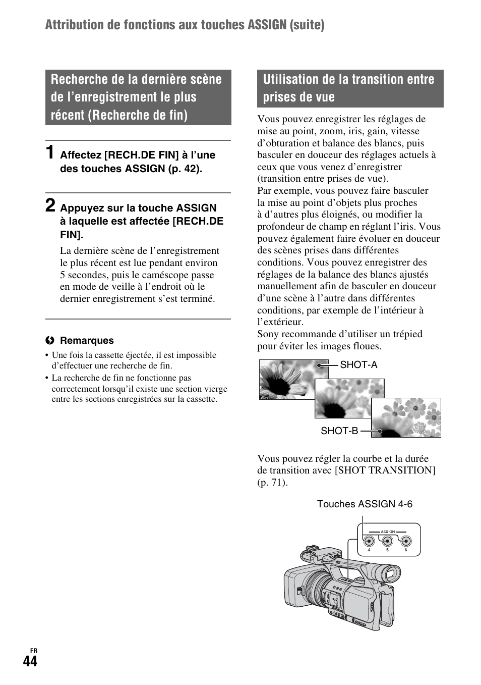 Utilisation de la transition entre prises de vue, P. 44), On (p. 44) | Sony HDR-FX1000E User Manual | Page 44 / 271