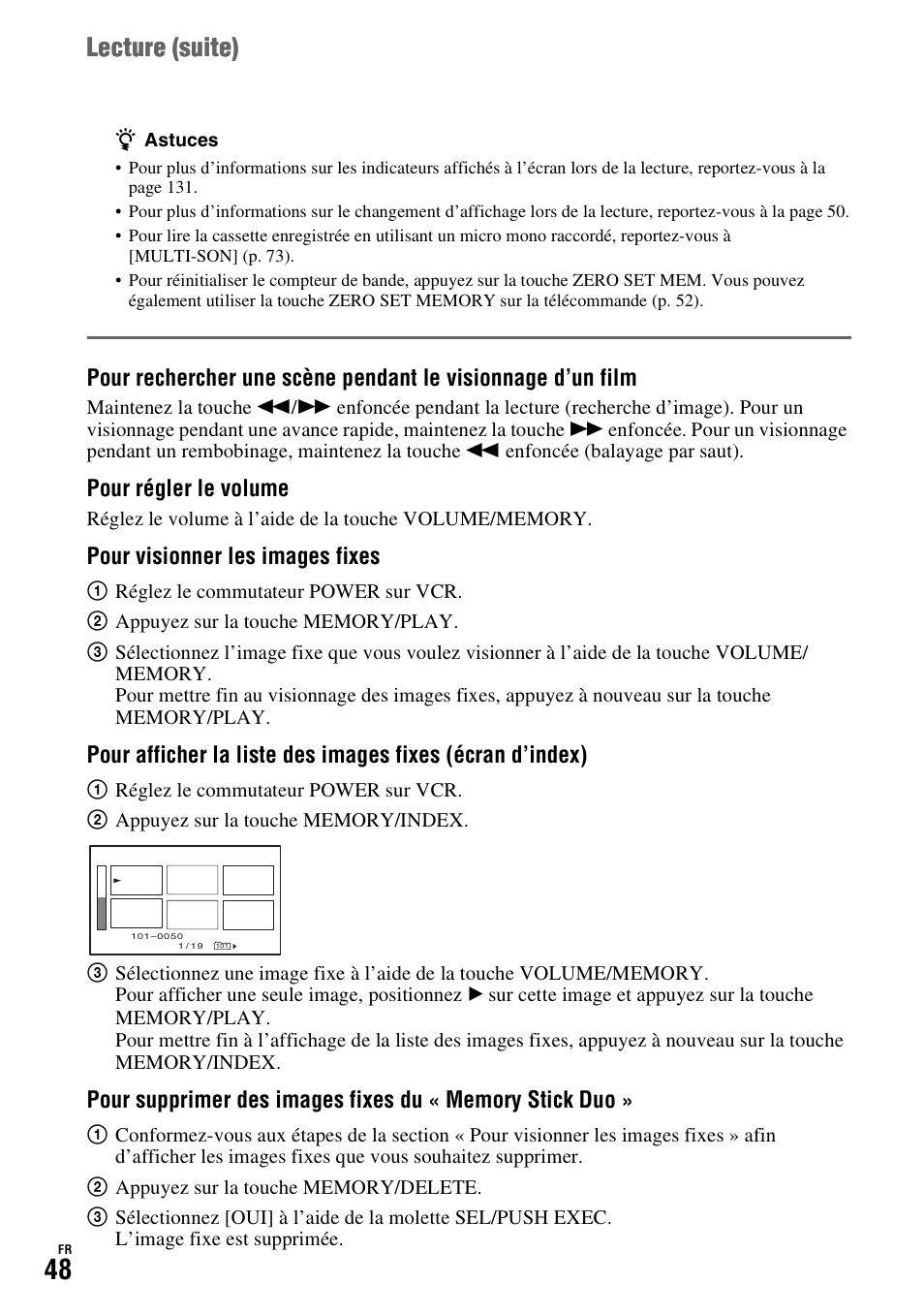 Lecture ( suite), Pour régler le volume, Pour visionner les images fixes | Sony HDR-FX1000E User Manual | Page 48 / 271