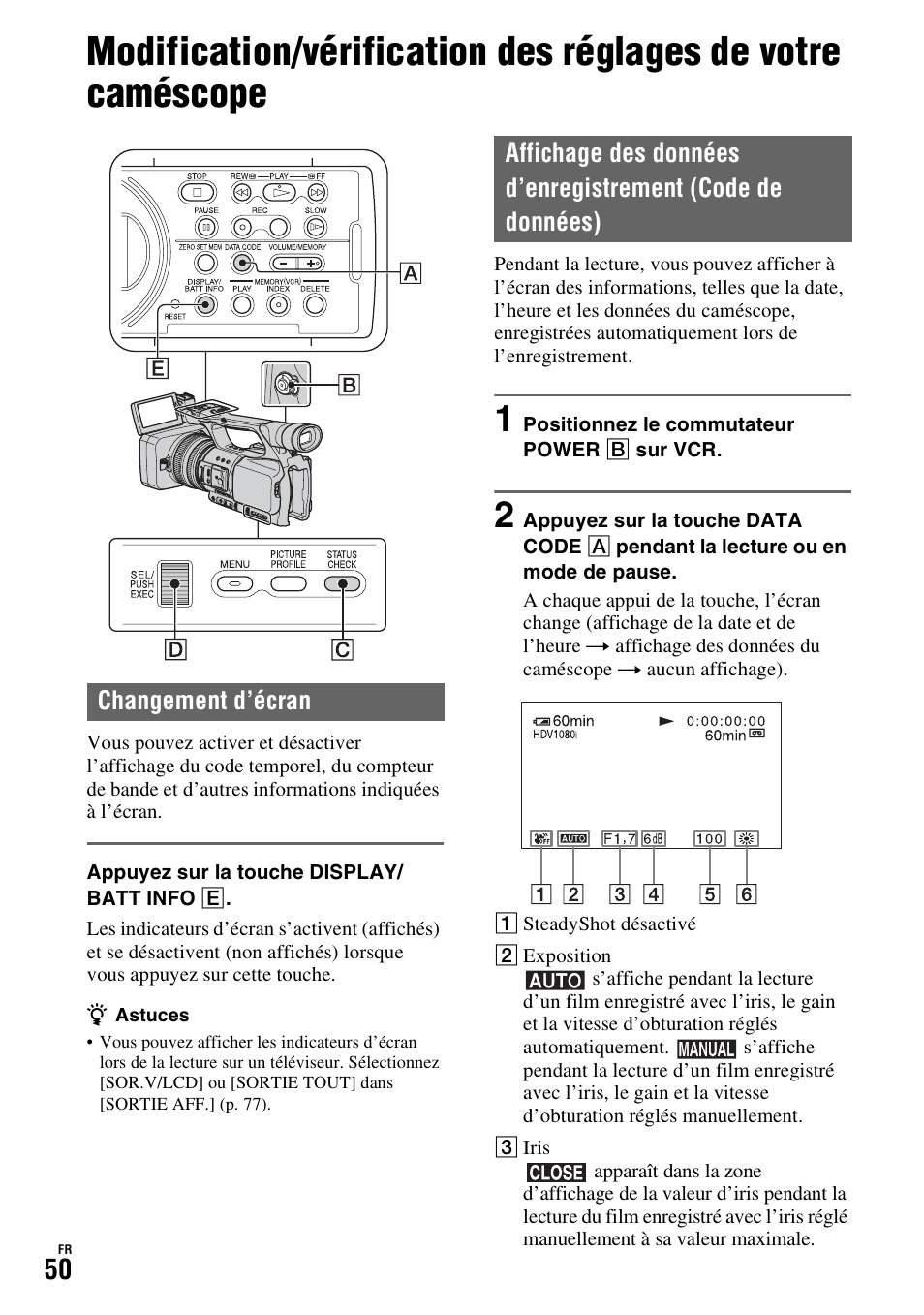 Changement d’écran, Ment (p. 50), P. 50) | Sony HDR-FX1000E User Manual | Page 50 / 271
