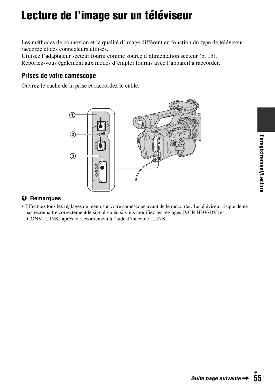 Lecture de l’image sur un téléviseur, P. 55), 1) (p. 55 | Sony HDR-FX1000E User Manual | Page 55 / 271