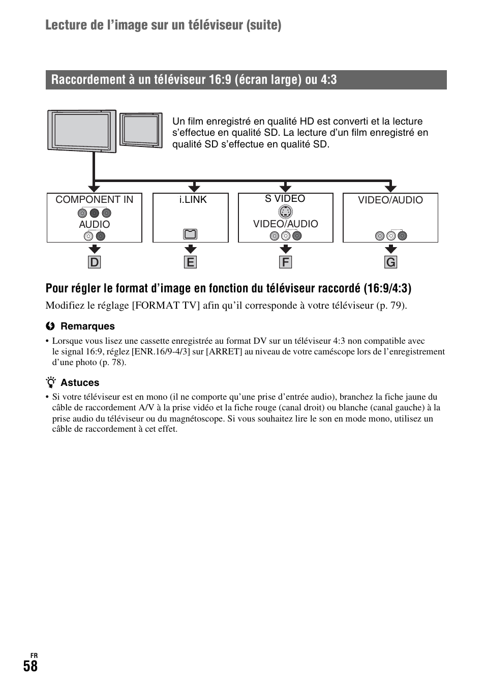 P. 58, Lecture de l’image sur un téléviseur (suite) | Sony HDR-FX1000E User Manual | Page 58 / 271