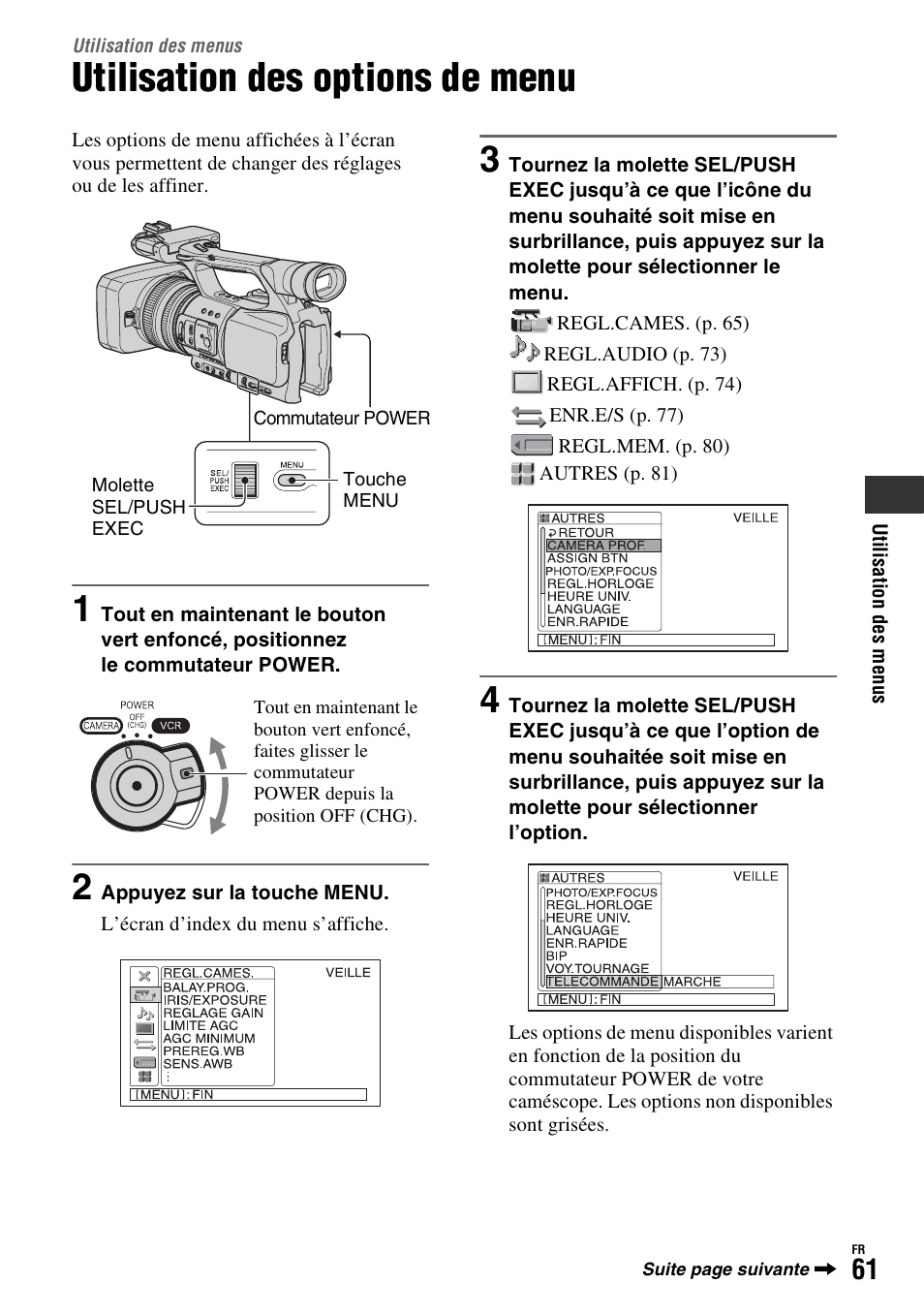 Utilisation des menus, Utilisation des options de menu | Sony HDR-FX1000E User Manual | Page 61 / 271