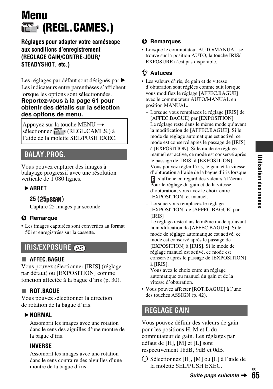 Menu (regl.cames.), Menu, Regl.cames.) | P. 65), Ope (p. 65), Balay.prog. iris/exposure, Reglage gain | Sony HDR-FX1000E User Manual | Page 65 / 271