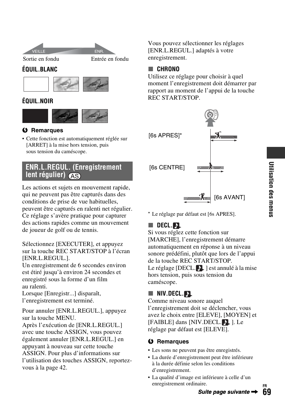 P. 69, P. 69), Enr.l.regul. (enregistrement lent régulier) | Sony HDR-FX1000E User Manual | Page 69 / 271